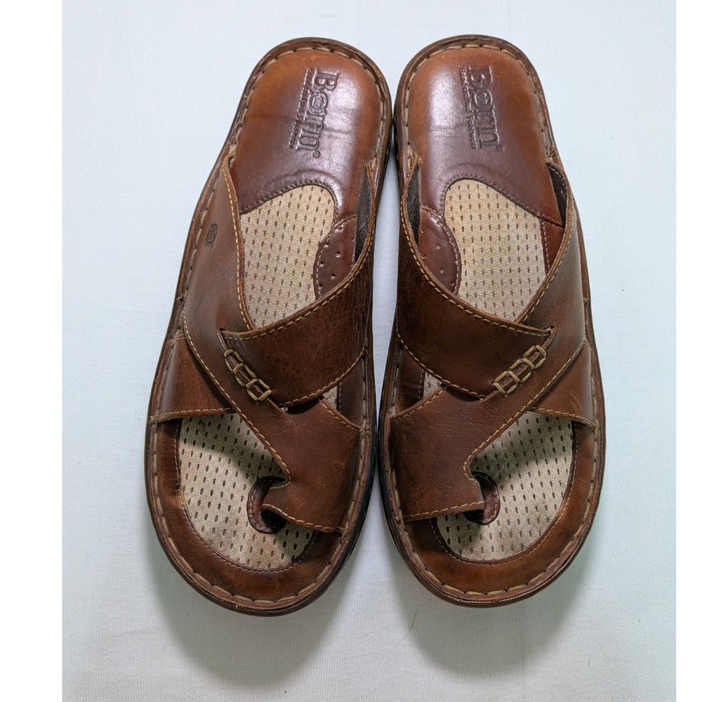 Born Leather Slide Sandals womens 9 Brown Excellent Toe Loop D26616 MMK4